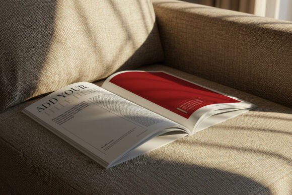 Download Open Magazine on Sofa Soft Light Mockup - Light mockup Collection